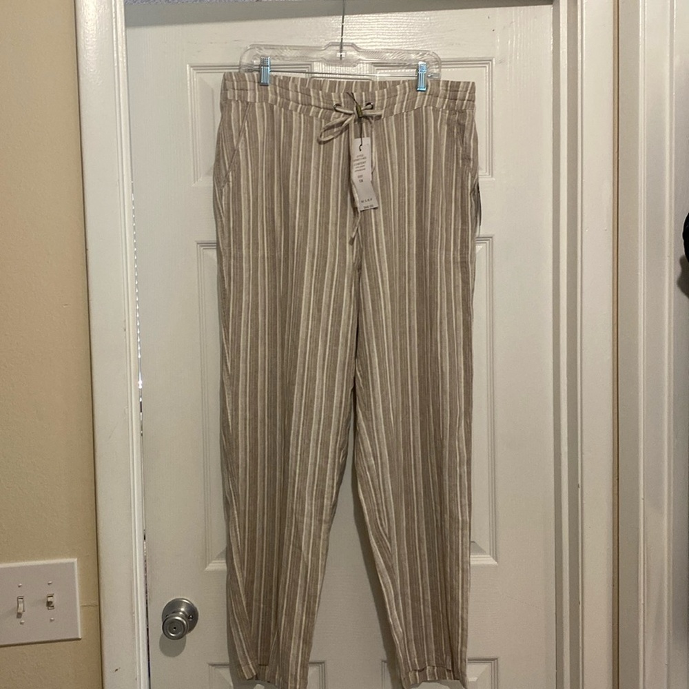 Pants tan white vertical stripes size 1X elastic waist with draw strings